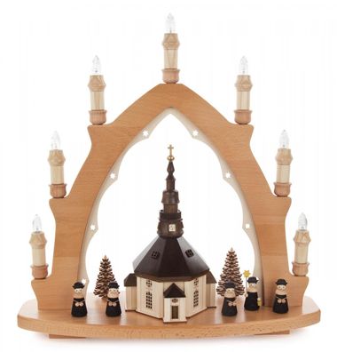 Schwibbogen mit Seiffener Kirche und Kurrende, elektrisch beleuchtet, 43x43x15cm