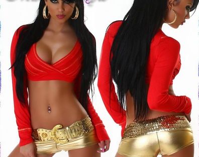 SeXy Miss Damen bauchfrei Girly Top Langarm V Shirt 32/34/36/38 rot gold NEU