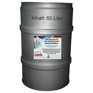 DBV-LKW-Motorenöl SAE 10W/40 SAPS für Rußpartikelfilter 60-Liter-Fass