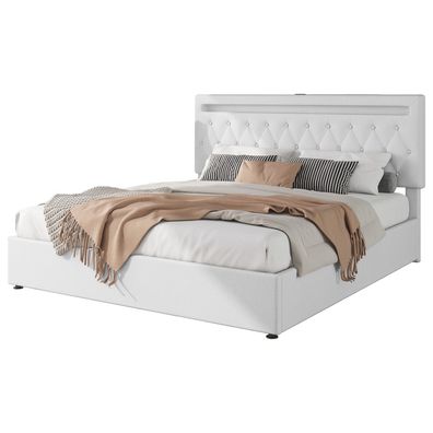 Sonnenh Bettgestell Weiß 180 x 200 cm mit USB & LED & Stauraum