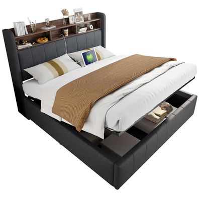 Sonnenh Polsterbett Grau 160 x 200 cm mit USB & LED & Stauraum