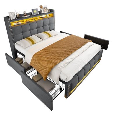 Sonnenh Polsterbett Grau 160 x 200 cm mit USB & LED & Stauraum