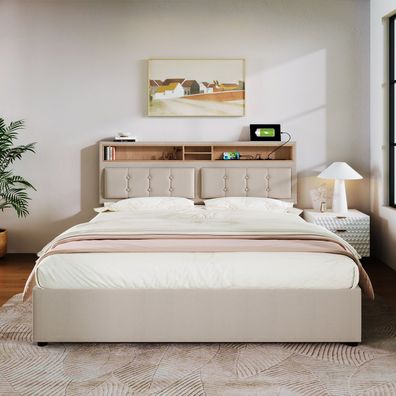 Sonnenh Polsterbett Beige 160 x 200 cm mit Matratze USB & Stauraum