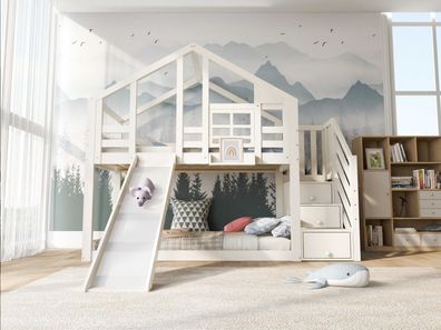 Sonnenh Etagenbett Weiß 90 x 200 cm mit Stauraum