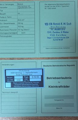 Simson S50 B Datenblatt Betriebserlaubnis ABE und Typenschild