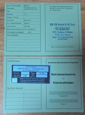 Simson S50 Datenblatt Betriebserlaubnis ABE und Typenschild