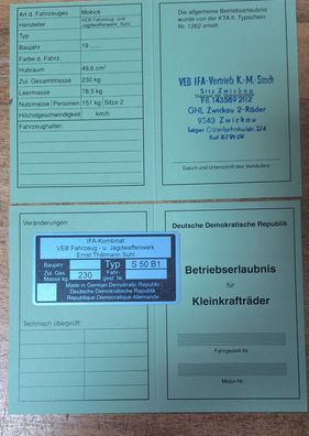 Simson S50 B1 Datenblatt Betriebserlaubnis ABE und Typenschild