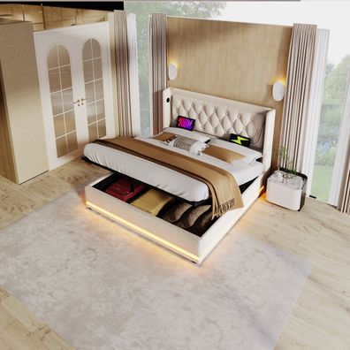 Doppelbett 180x200cm Beige Hydraulisches Stauraumbett USB LED