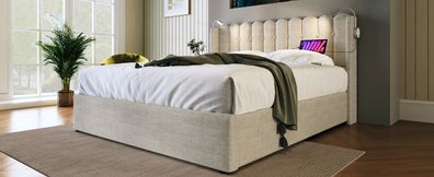 Polsterbett Doppelbett 140x200 Leselicht Ladefunktion Stauraum Natur Leinen