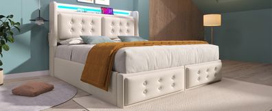 Sonnenh Polsterbett Beige 160 x 200 cm mit USB & LED & Stauraum