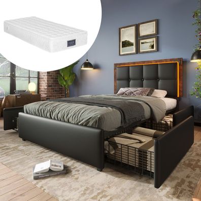 Bettgestell LED 4 Schubladen 90x200cm PU Schwarz Höhenverstellbar mit Matratze