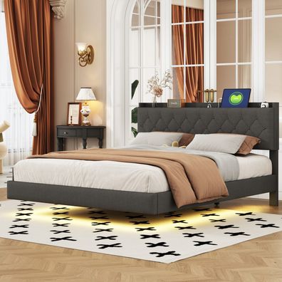 Polsterbett 160x200 cm USB LED Lattenrost grau Linenstoff