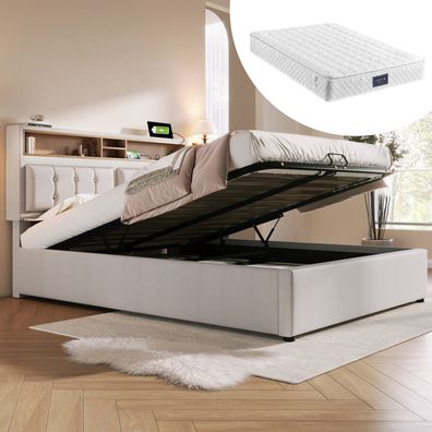 Polsterbett 140x200 mit USB C Ladefunktion, Matratze und Lattenrost