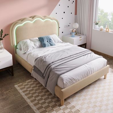 Polsterbett LED 90x200cm Beige Lattenrost Verstellbares Kopfteil