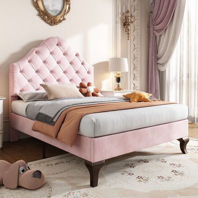 Polsterbett 90x200 rosa Samt Jugendbett Höhenverstellbarer Kopfteil Lattenrost