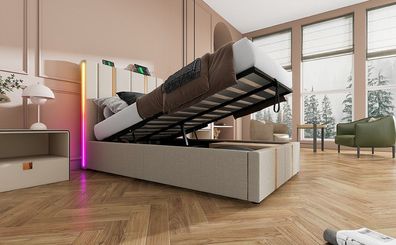 Polsterbett 90×200 USB LED APP-Control Beige Linen Ohne Matratze