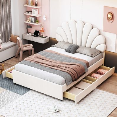 Polsterbett 140x200cm Beige Samtstoff Lattenrost Jugendbett Erwachsenenbett