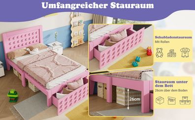 Holzbett 90x190cm Rosa Kinderbett Jugendbett mit Schubladen Stauraum