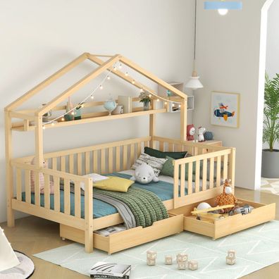 Holz Kinderbett Hausbett mit Schubladen Kiefernholz 90x200 Natur
