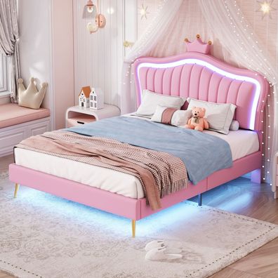 Mädchen Kinderbett 140x200cm Rosa PU-Leder LED-Leuchten Lattenrost