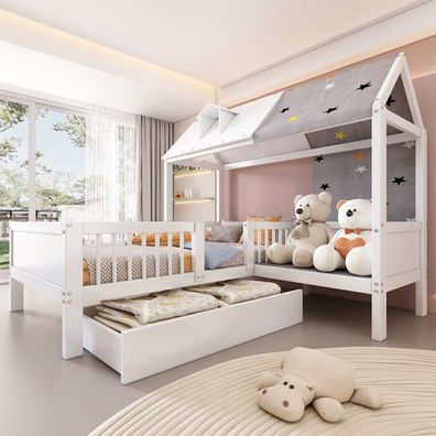 Holz Kinderbett 90x200 weiß multifunktional mit Zelt Kissen Schubladen