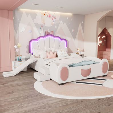 140x200cm Kinderbett LED Rutsche Leiter PU rosa weiß Cartoon Schmetterling