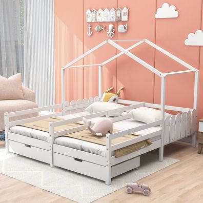 Hausbett Kinderbett Gitterbett 200x90cm Weiß 2 Schubladen Lattenrost Kiefer