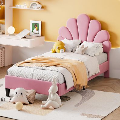 Polsterbett Kinderbett 90x200cm Rosa Lattenrost Blumenform Samtstoff