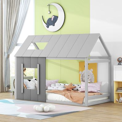 90x200 Kinderbett Hausform Dunkelgrau + Hellgrau mit Dach Fenster