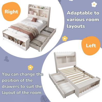 Kinderbett 90x200 cm Holzbett Weiß Eiche mit Schubladen Regal Sitzbank