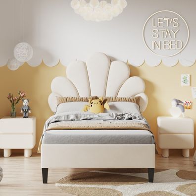Polsterbett Kinderbett 90x200cm Beige Samtstoff Lattenrost Blumenkopf