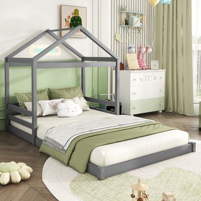 Hausbett Kinderbett 140x200cm Kiefernholz Grau Lattenrost ohne Matratze