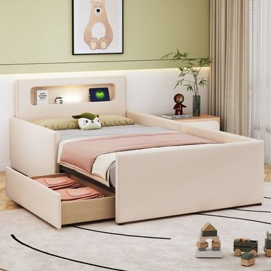 Polsterbett Kinderbett 90x200cm Beige Kunstleder Nachtlicht USB