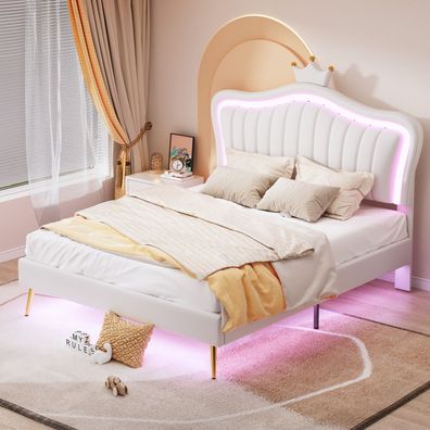 Kinderbett Polsterbett 140x200cm weiß PU-Leder LED Lattenrost ohne Matratze