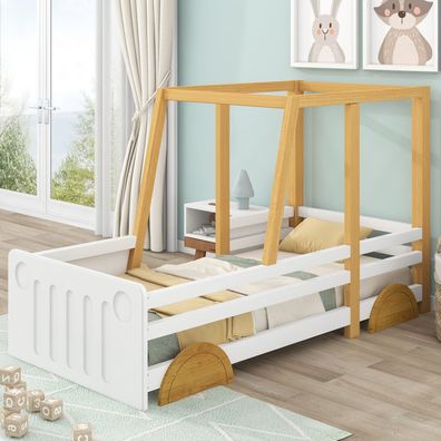 Autobett Kinderbett Kiefer MDF-Rädern weiß + natur 90x200cm