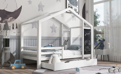 Kinderbett Hausbett 90x200cm Weiß Massivholz mit Tafel 2 Schubladen
