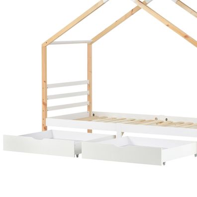 Kinder Hausbett Kiefernholz 90x200cm Weiß Holzfarbe mit Schubladen Lattenrost