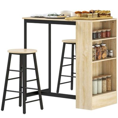 HOMCOM 3-tlg. Bartisch Set mit 2 Hocker, Stauraum, Modern-Stil, Eiche