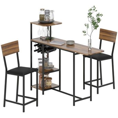 HOMCOM 3-tlg. Bartisch Set mit 2 Barhockern Klappbar Weinregal Braun