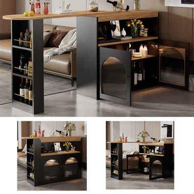 Moderner ausziehbarer Bartisch 138-193X39X105CM Schwarz mit LED Lichtstreifen