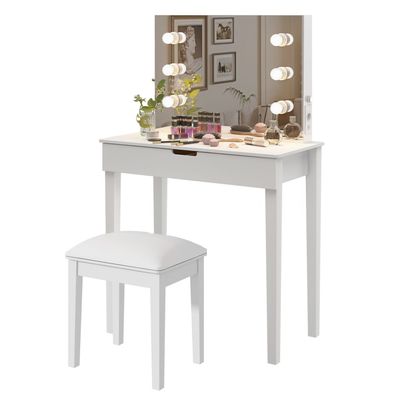 Schminktisch-Set weiß mit Spiegel, Hocker und 6 Glühbirnen