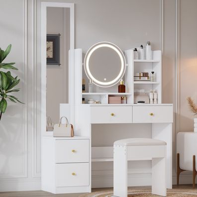 4-in-1 Weiß Schminktisch mit Spiegel LED H164cm