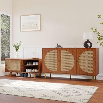 Rattan Sideboard Set Walnuss Kommode + Schuhschrank Wohnzimmer