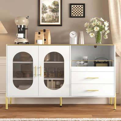 Eleganter Weißer Sideboard mit 2 Schubladen & 2 Glastüren Goldakzenten