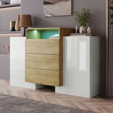 Sideboard 140cm Modern Kommode Weiß Holzfarbe LED Hochglanz Aufbewahrung