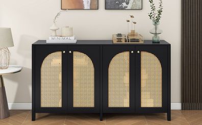 Modernes Sideboard 4-Rattantür Schwarz Minimalist Buffetschrank Esszimmer