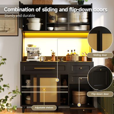 Schwarz Küchenschrank Hochschrank Sideboard mit LED PE-rattan Ablagen