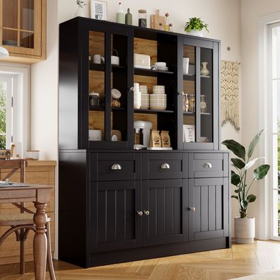 Sonnenh Vitrine Schwarz 140 x 38,5 x 175 cm MDF mit Schublade Wohnzimmer