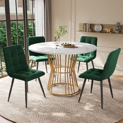 Esstisch-Set 5-teilig rund 100cm goldene Beine weiße MDF
