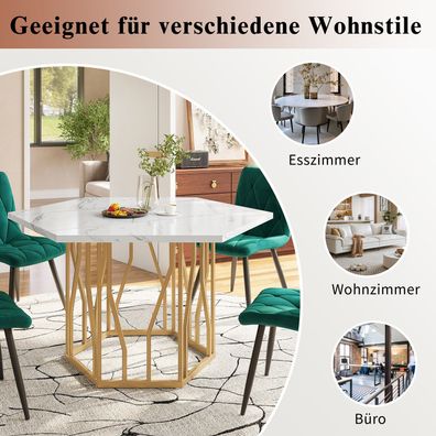 Esstisch Set 5-teilig: Sechseckiger Marmor Tisch + 4 Grüne Samt Stühle